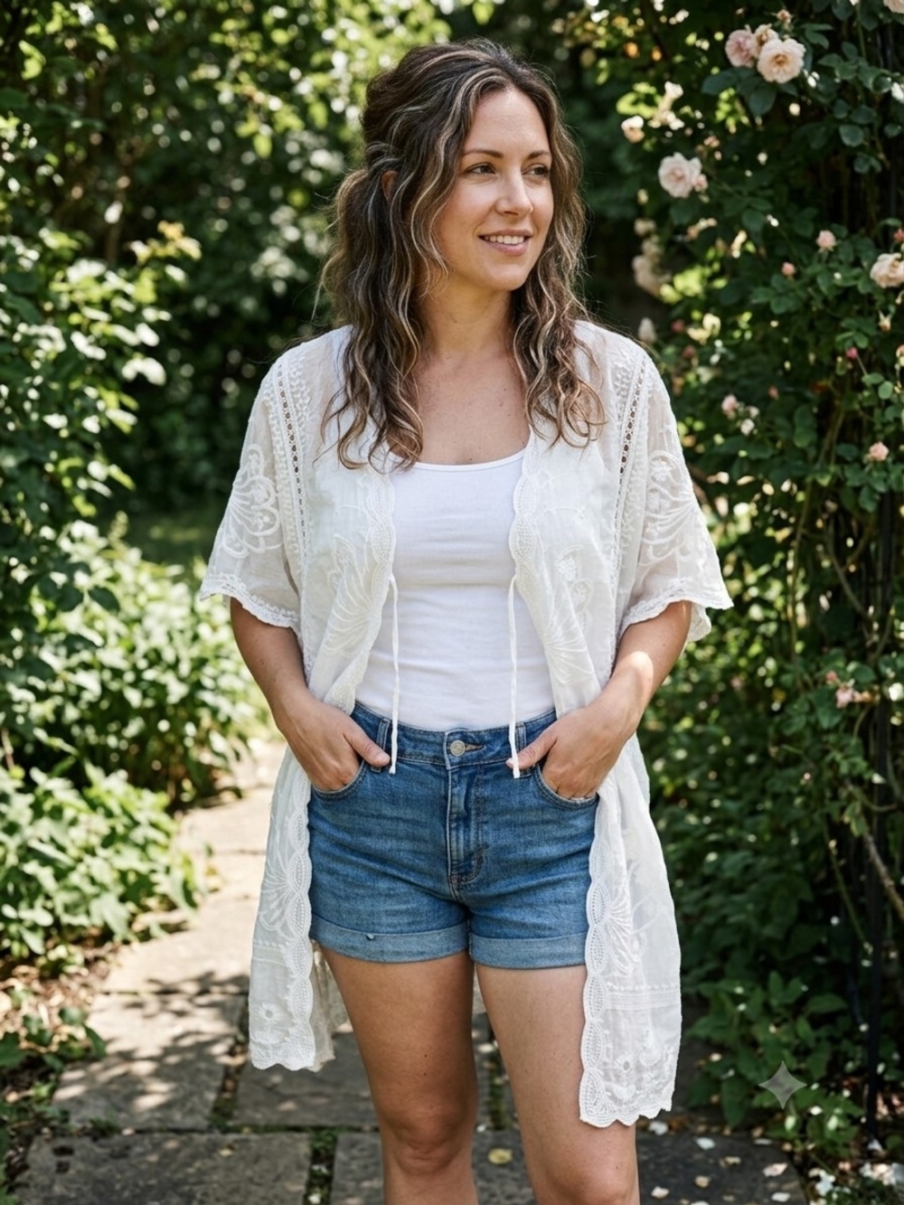 Anthropologie Kindred White Embroidered Linen Kimono